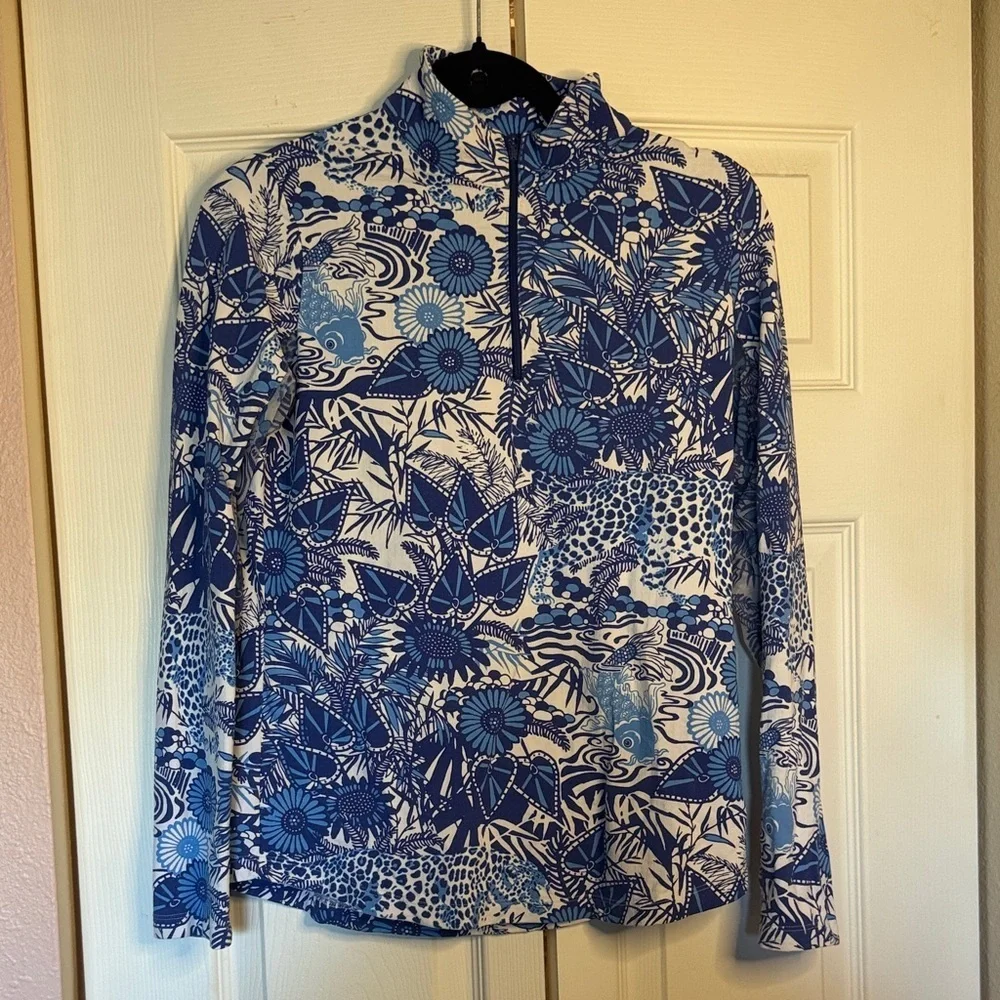 IBKUL Bamboo Gardens Blue and White Quarter Zip size S - Picture 1 of 13